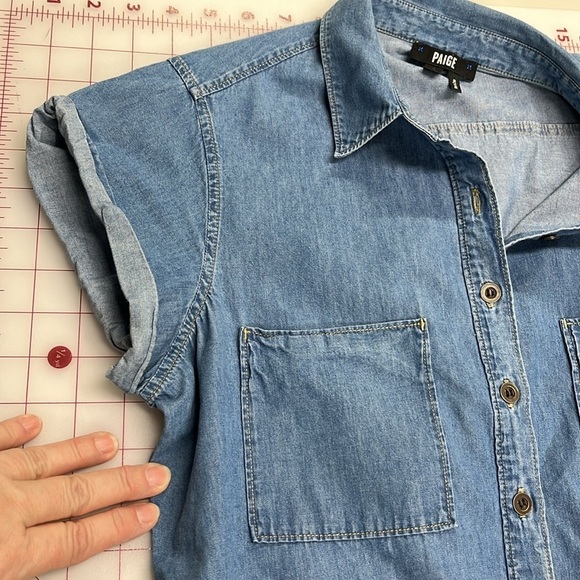 PAIGE Mila Cap SLV Drawstring Waist Cotton Denim Chambray Mini Shirtdress SZ M - Picture 8 of 16